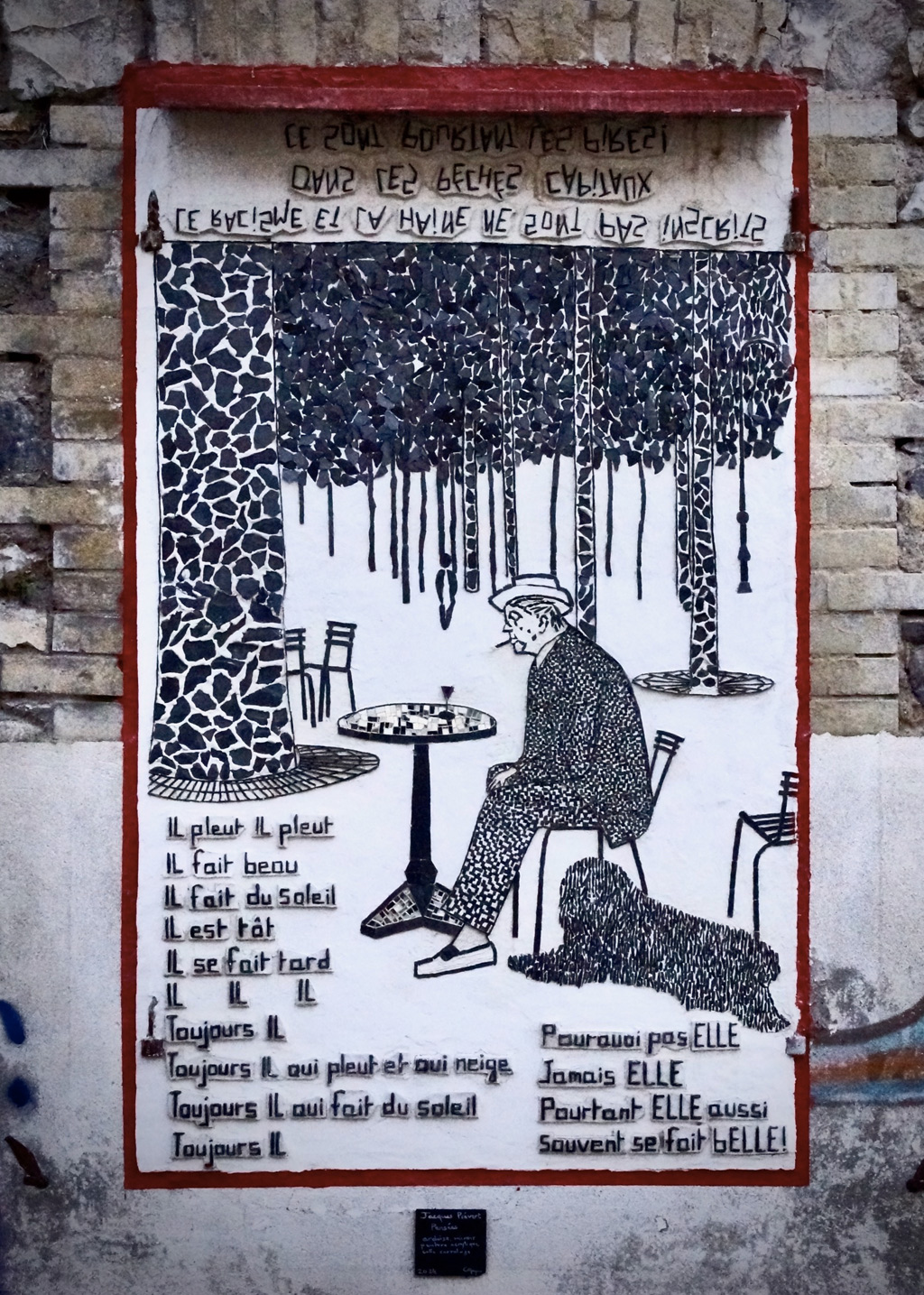 Jacques Prévert, ardoise, miroir, colle à carrelage, peinture acrylique, panneau à carreler 170x100, 2024